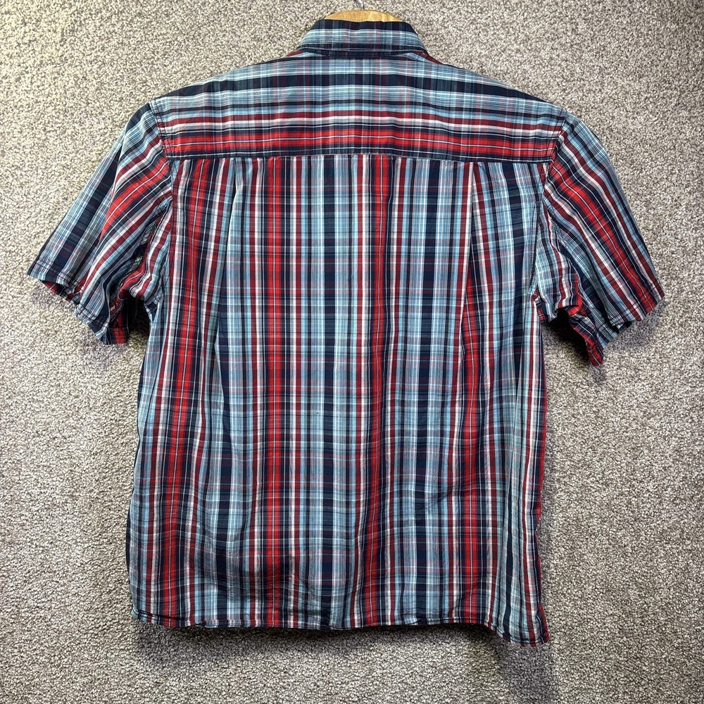 Duluth Trading Co Mens Large Red Blue Plaid Short Sleeve Button Down Shirt - Picture 6 of 6